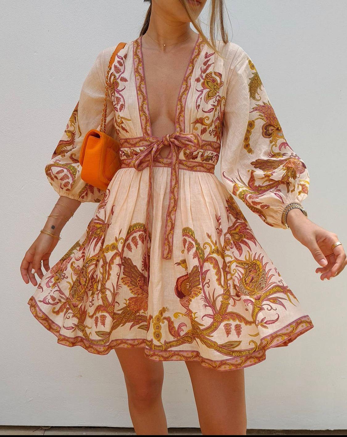 Zimmermann Cassia Plunge Bow Mini Dress Cream Bird Floral Size 6 - Image 3