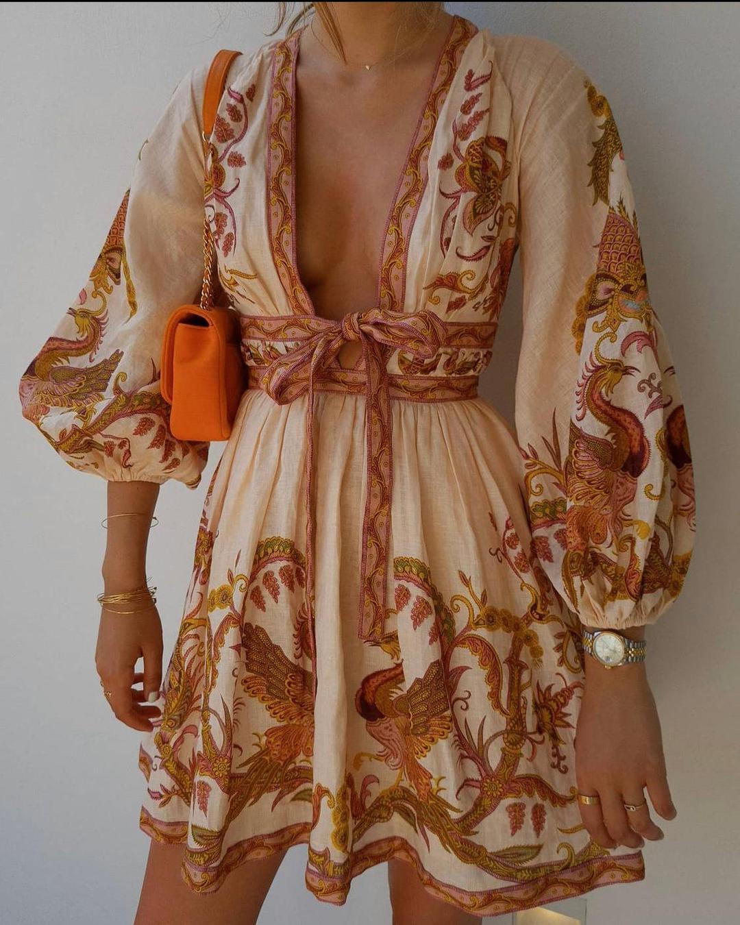 Zimmermann Cassia Plunge Bow Mini Dress Cream Bird Floral Size 6 for rent on The Volte - main image