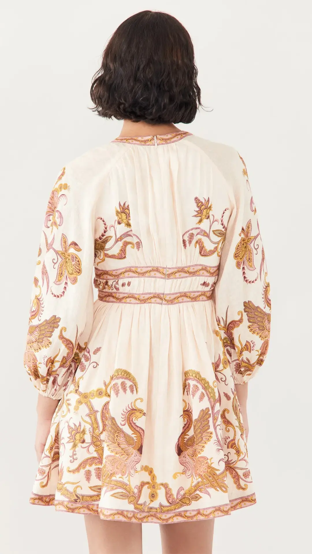 Zimmermann Cassia Plunge Bow Mini Dress Cream Bird Floral Size 6 for rent on The Volte - main image