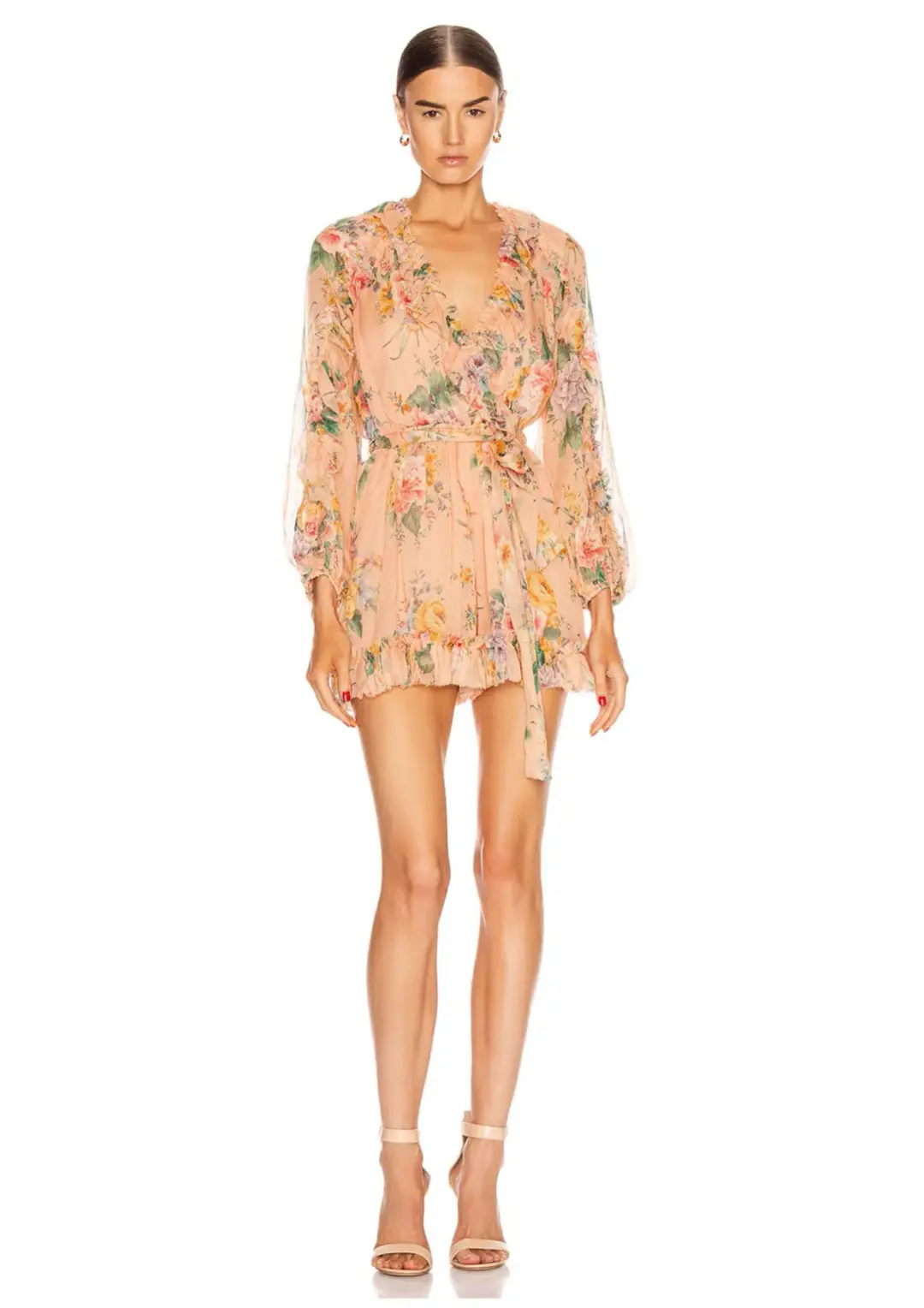 Zimmermann Zinnia Plunge Ruffle Playsuit Coral Floral Size 6 for rent on The Volte - main image
