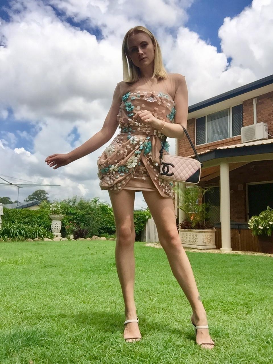 Blumarine 3D Floral Cocktail Dress Nude Size 6 for rent on The Volte - main image