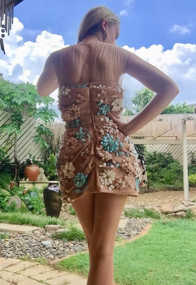 Blumarine 3D Floral Cocktail Dress Nude Size 6 - Image 2