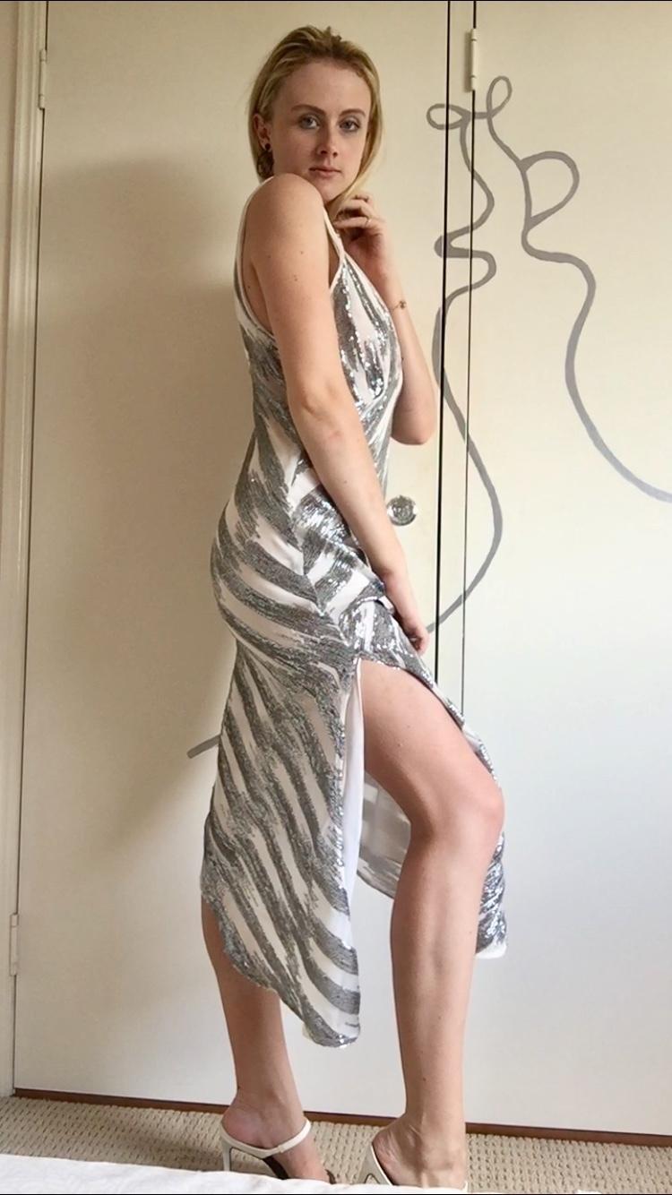 Manning Cartell Sequin Midi Plunging Dress Silver White Size 6 for rent on The Volte - main image