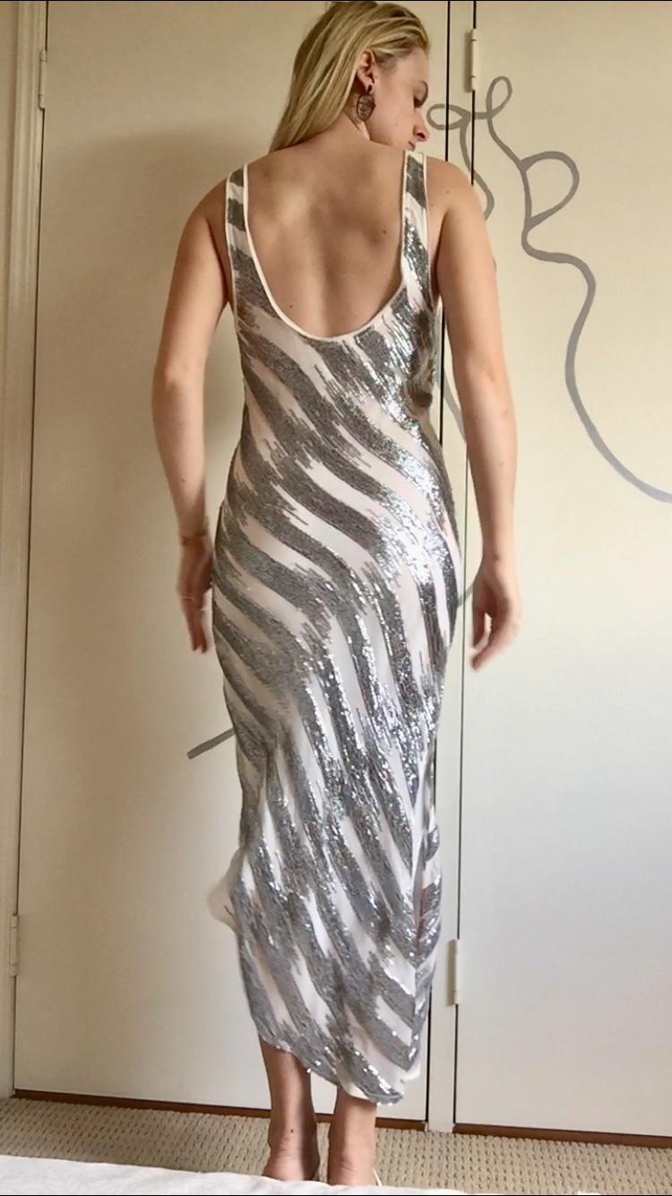 Manning Cartell Sequin Midi Plunging Dress Silver White Size 6 for rent on The Volte - main image