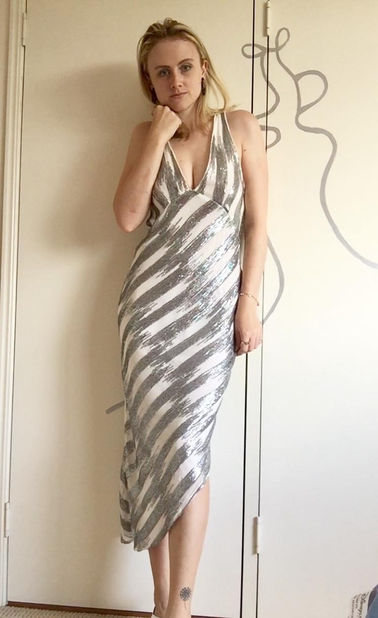 Manning Cartell Sequin Midi Plunging Dress Silver White Size 6 for rent on The Volte - main image