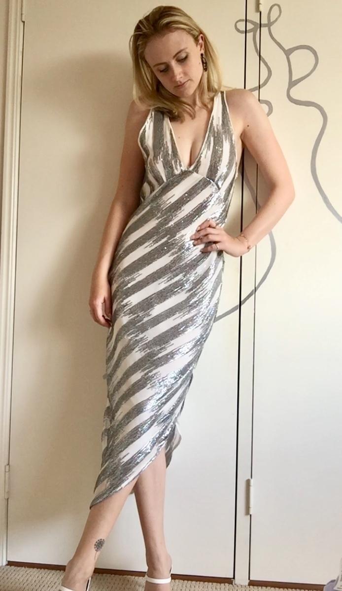 Manning Cartell Sequin Midi Plunging Dress Silver White Size 6 for rent on The Volte - main image