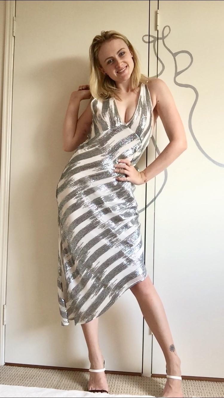 Manning Cartell Sequin Midi Plunging Dress Silver White Size 6 - Image 4