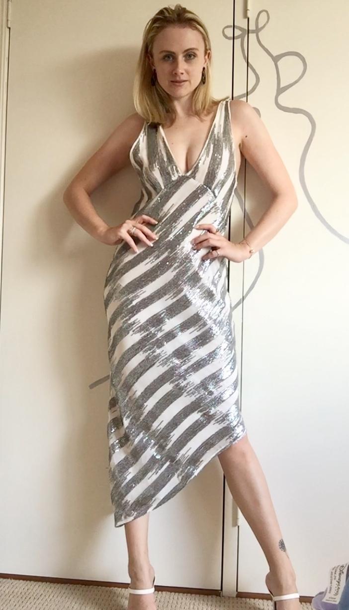 Manning Cartell Sequin Midi Plunging Dress Silver White Size 6 - Image 1