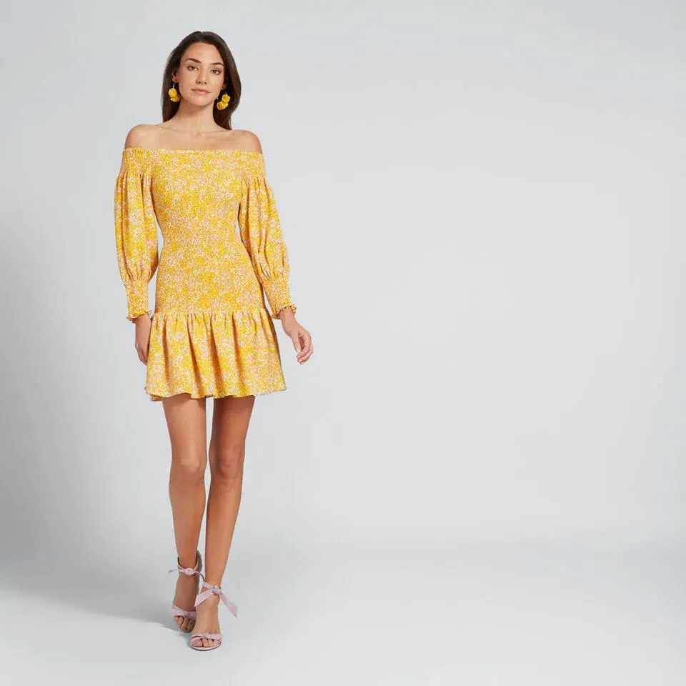 Seed Heritage Shirred Off Shoulder Mini Dress Yellow Size 10 - Image 1