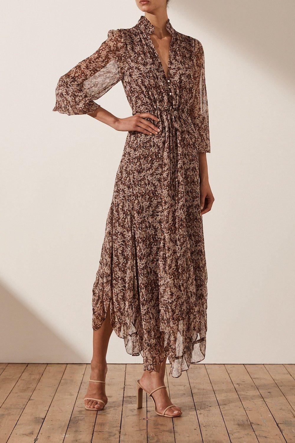 Shona Joy Blossom Plunged Godet Midi Dress Brown Size 6 - Image 1
