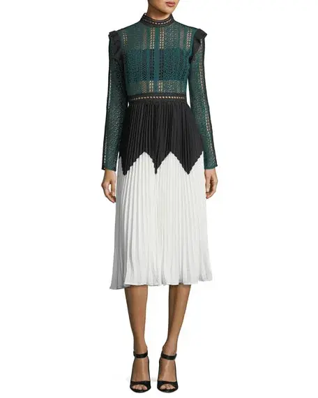 Self Portrait Stripe Panelled Lace Midi Dress Green Size 14 - Image 1