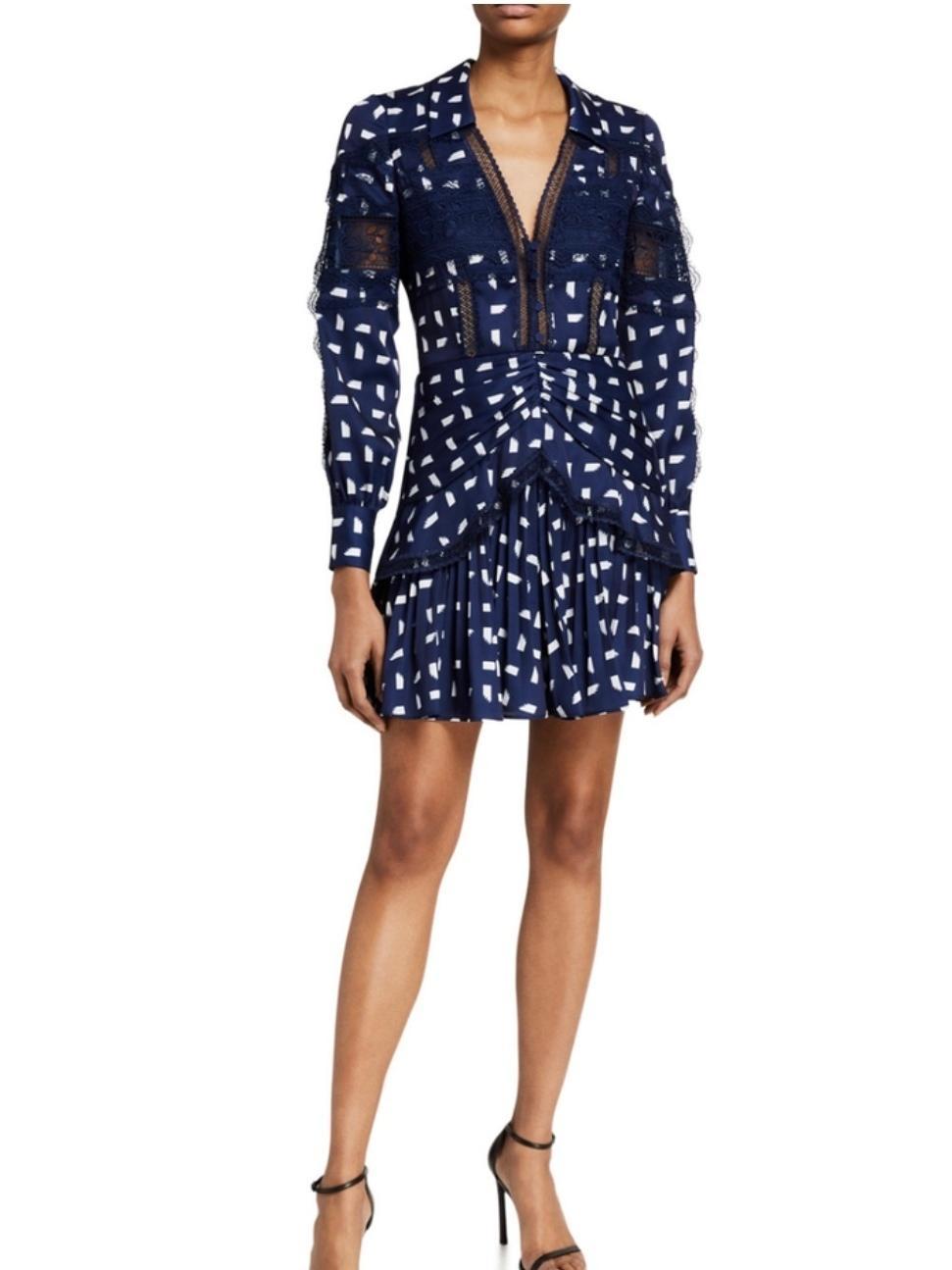 Self Portrait Sail Print Lace Trim Mini Dress navy Size 12  - Image 1