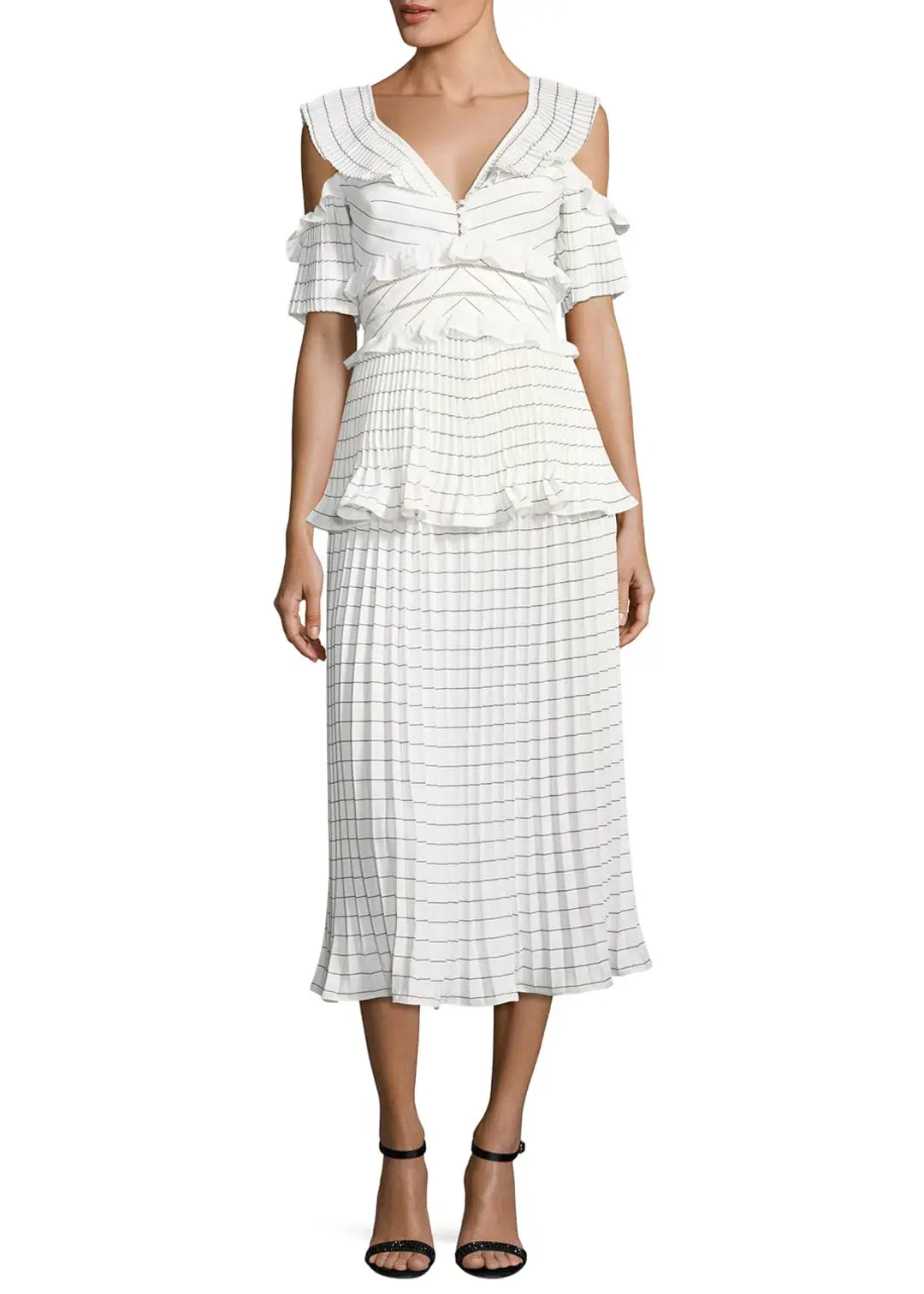 Self Portrait Monochrome Striped Pleated Midi Cocktail Dress White/Striped Size 10 - Image 1