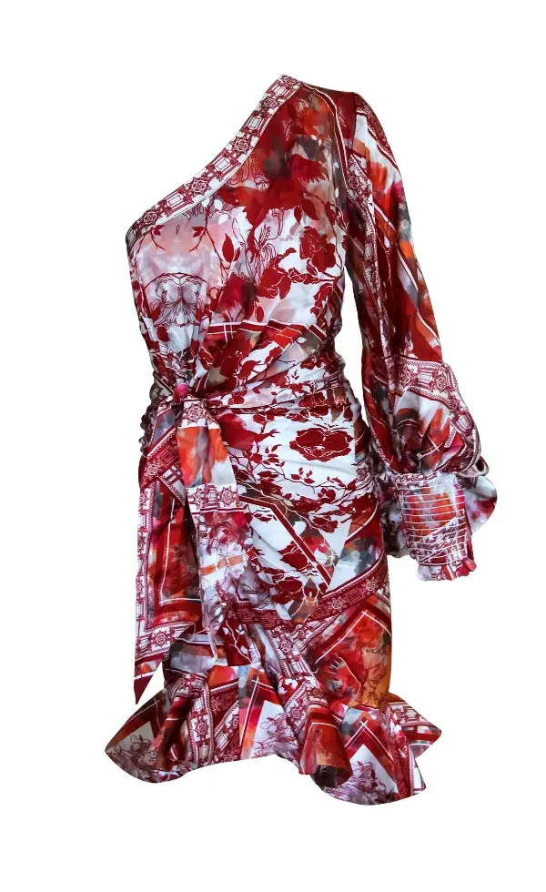 Leo & Lin Imperial Drape Knotted Mini Dress Red Print Size 6 - Image 1
