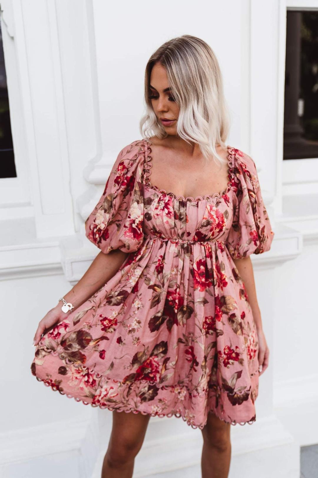 Zimmermann Cassia Scallop Mini Dress in Floral Musk Size 0 / AU 8 for rent on The Volte - main image