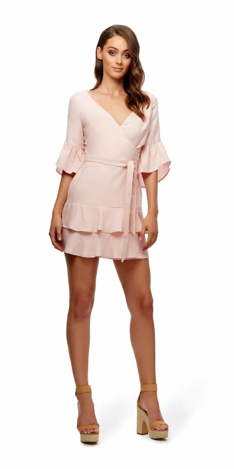 Kookai Shoreline Frill Wrap Dress Pink Size 12 for rent on The Volte - main image