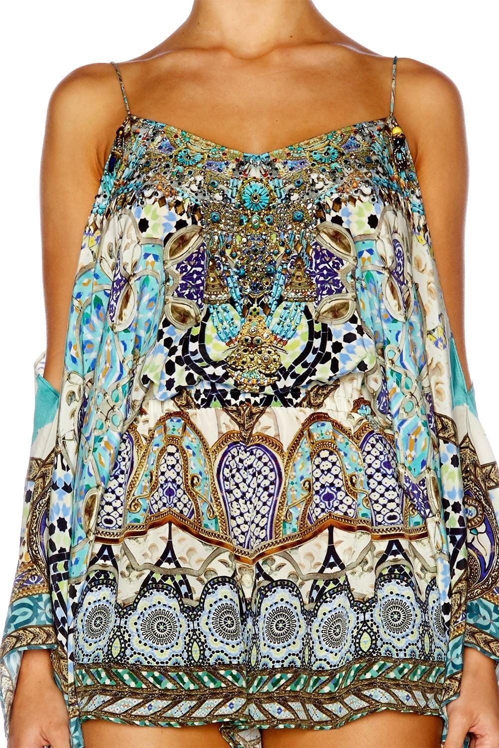 CAMILLA | Meet Me In Casablanca Drop Shoulder Blue Print Playsuit Size 8 | SOLD OUT for rent on The Volte - main image