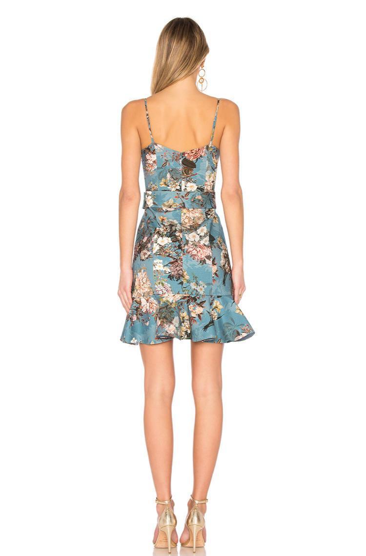 Nicholas Ariel blue floral ruffle mini cocktail dress  for rent on The Volte - main image