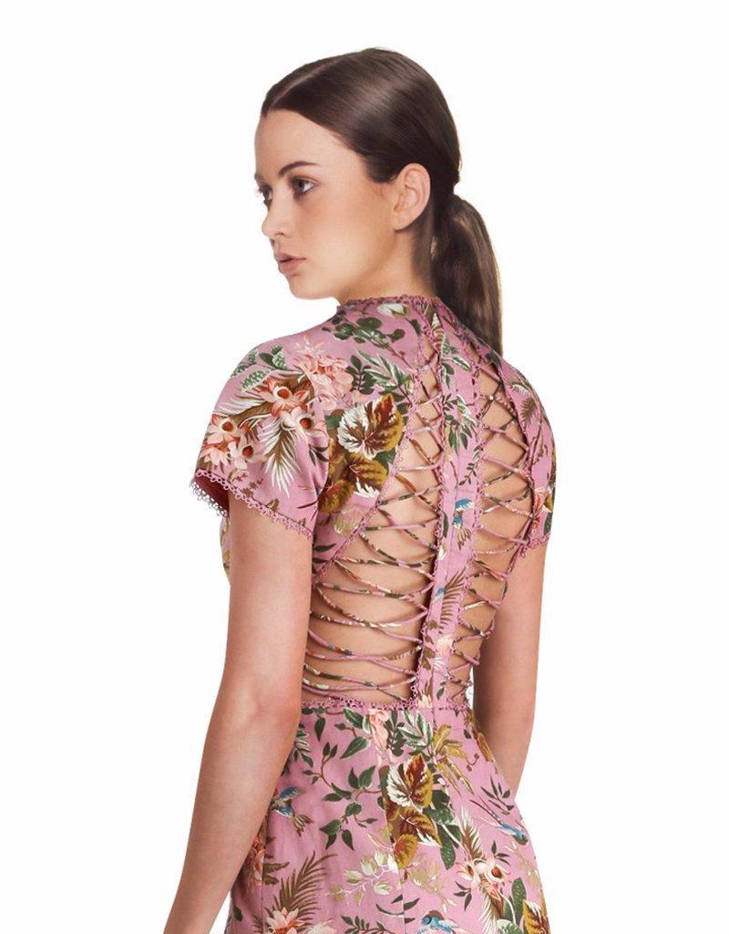 Zimmermann Tropicale Lattice Mini Dress Pink Floral Size 0 / AU 8 for rent on The Volte - main image