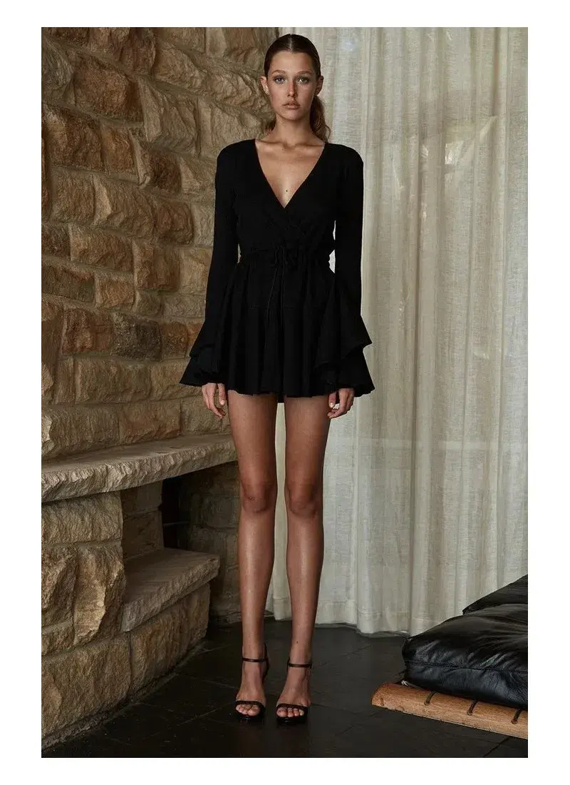 Shona Joy Diana Frill Cuff Drawstring Mini Dress Black Size 6 for rent on The Volte - main image