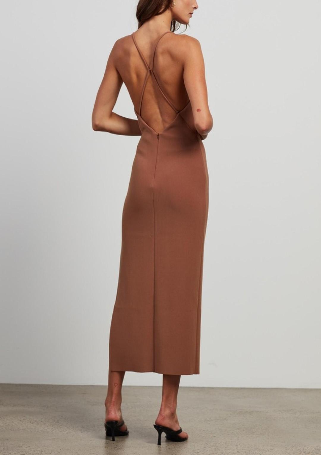 Bec & Bridge Maddison V Midi Dress Brown Size 6 for rent on The Volte - main image