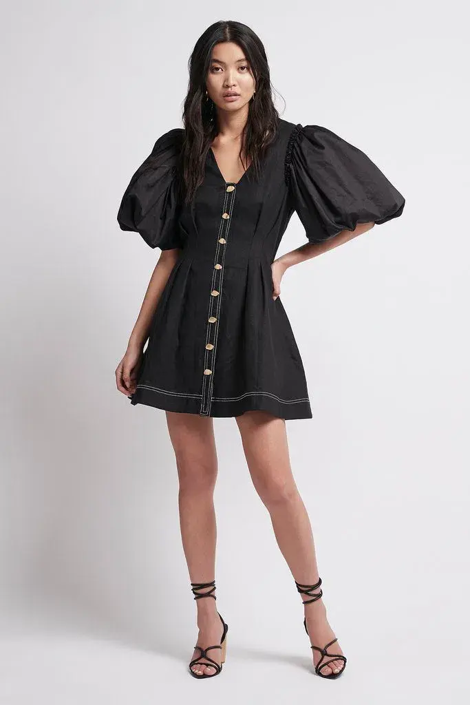 Aje Quietude Puff Sleeved Linen Mini Dress Black Size 8 - Image 1