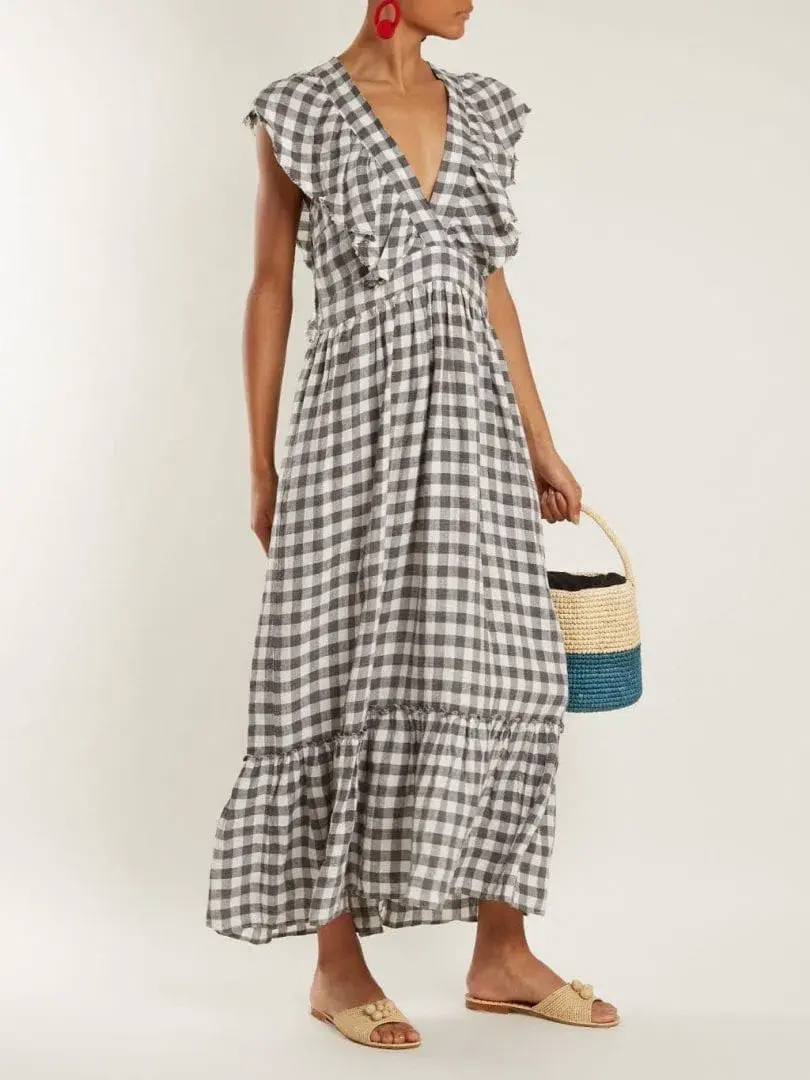 Lee Mathews Edith Gingham V Neck Dress Grey Size 12 - Image 1