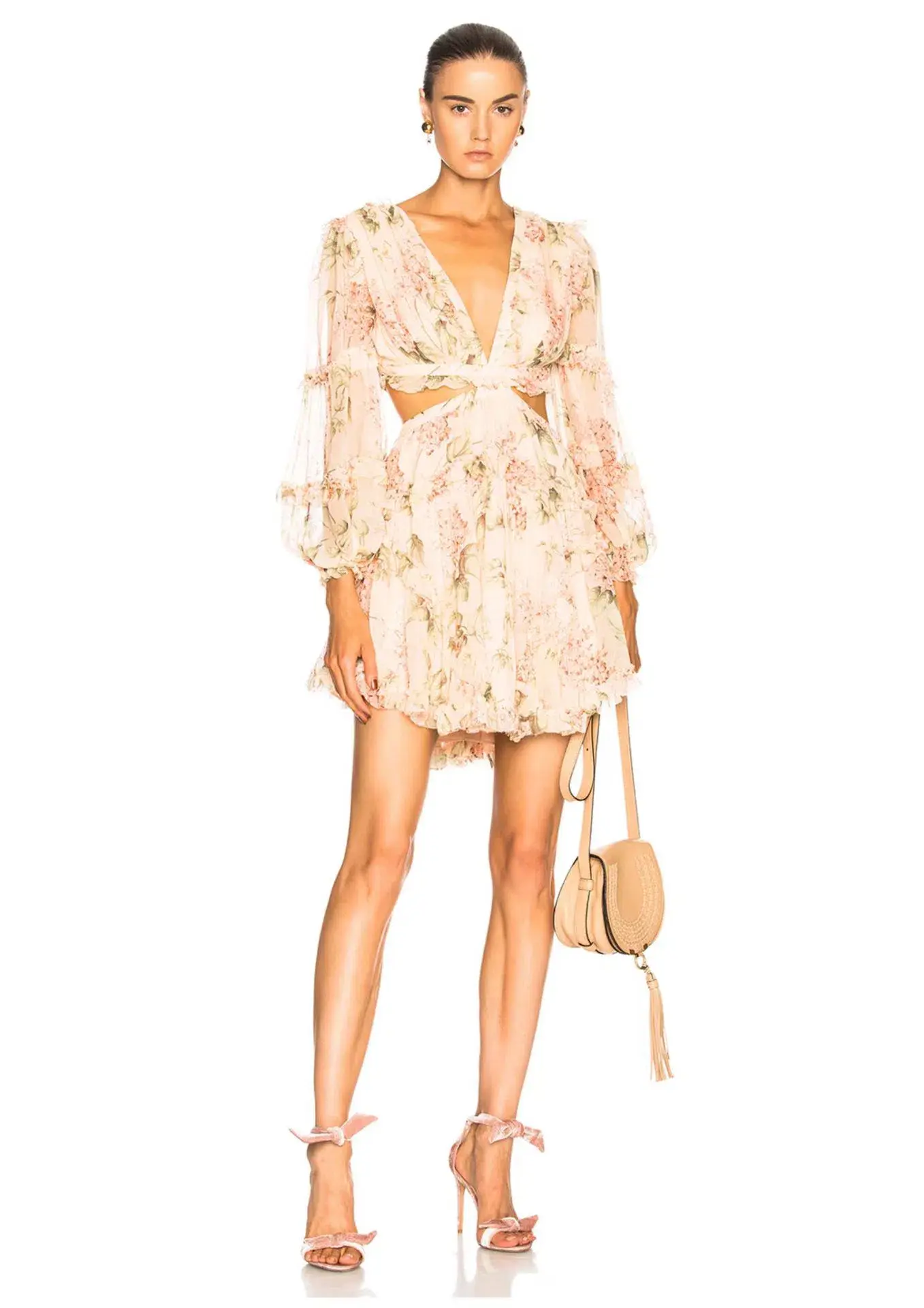 Zimmermann Prima Floating Cut Out Mini Dress Peach Floral Size 8 - Image 1