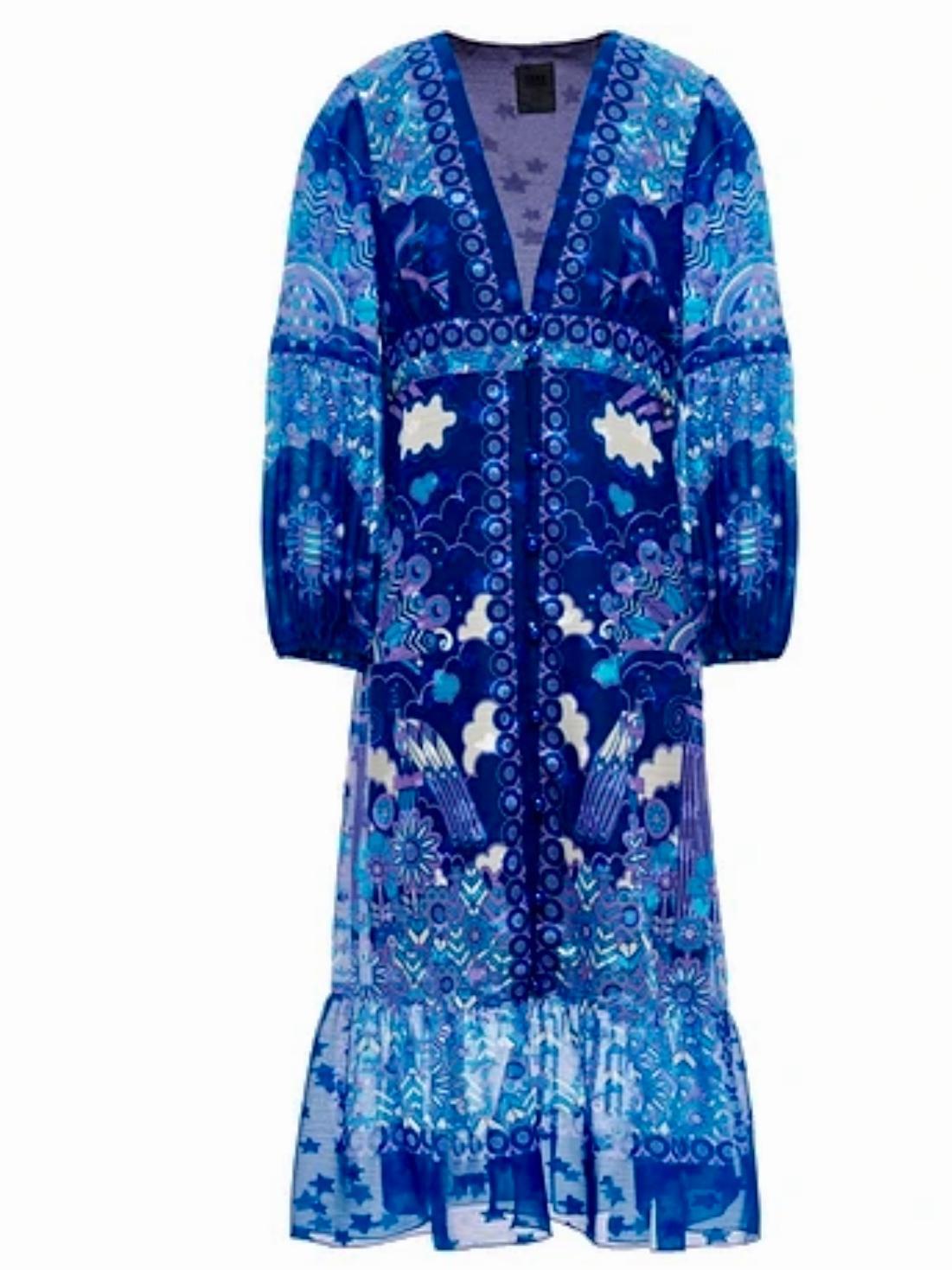 Anna Sui Ruched Printed Silk Chiffon Midi Dress Blue Size US 6 (UK 10) - Image 3