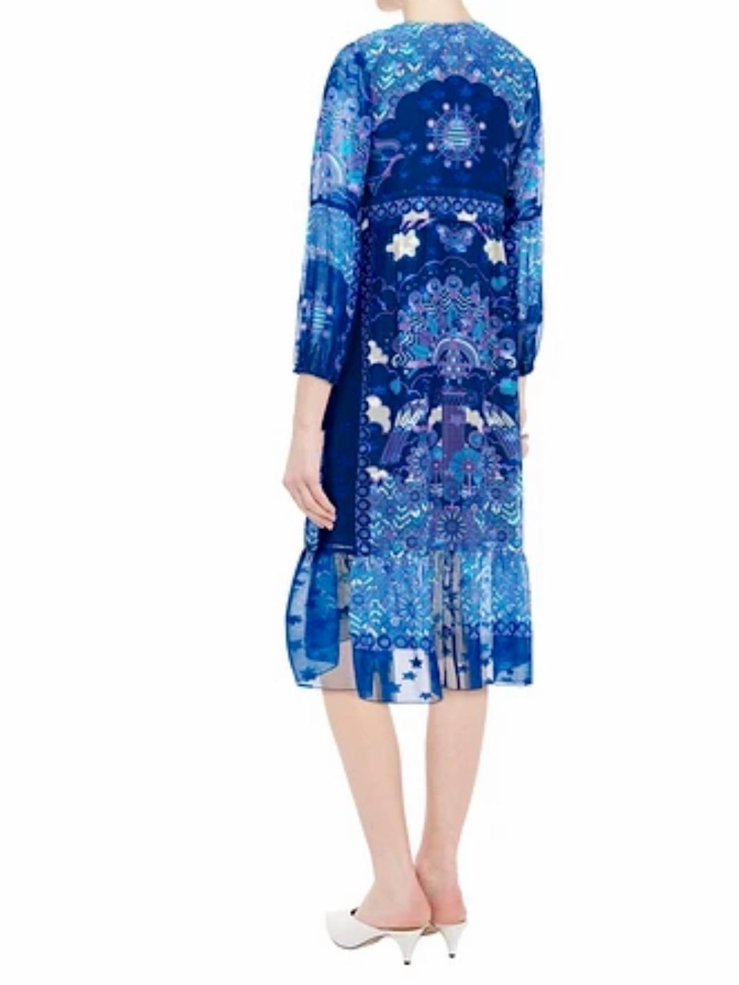 Anna Sui Ruched Printed Silk Chiffon Midi Dress Blue Size US 6 (UK 10) - Image 2