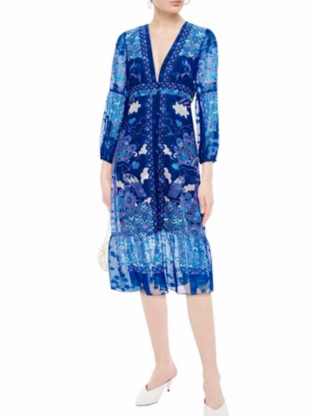 Anna Sui Ruched Printed Silk Chiffon Midi Dress Blue Size US 6 (UK 10) - Image 1