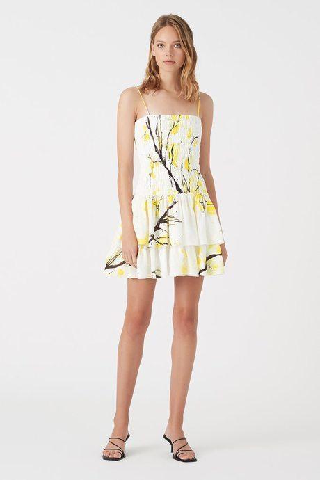 Aje Mimosa Shirred Mini Dress Wattle Print Size 8 for rent on The Volte - main image