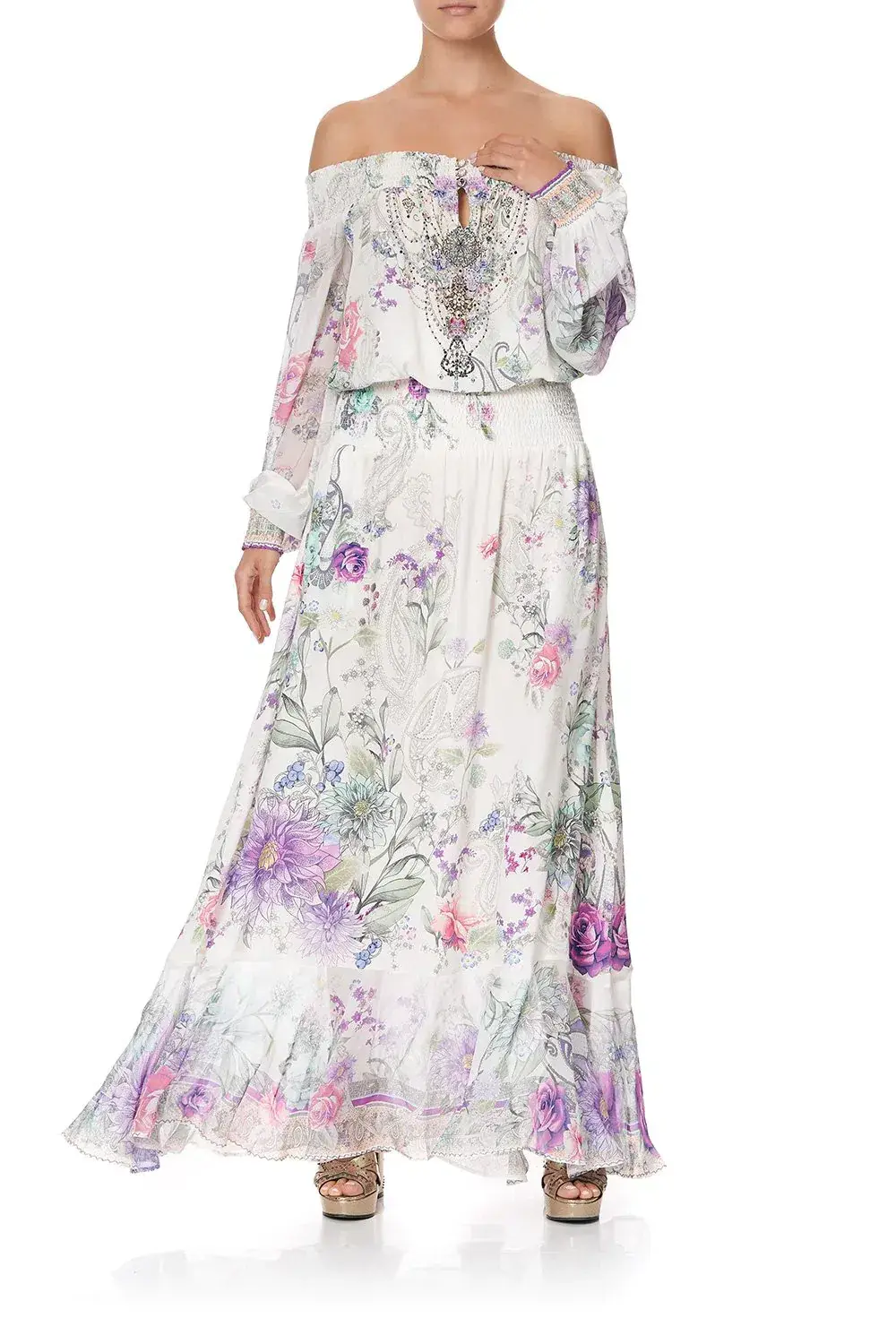 Camilla Off Shoulder Shirred Dress Forever Far Print Size 2 - Image 1