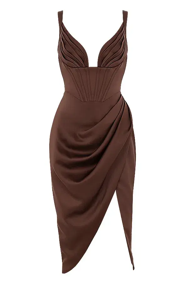 House of CB Faye Satin Corset Midi Dress Brown Size S / Au 6 for rent on The Volte - main image