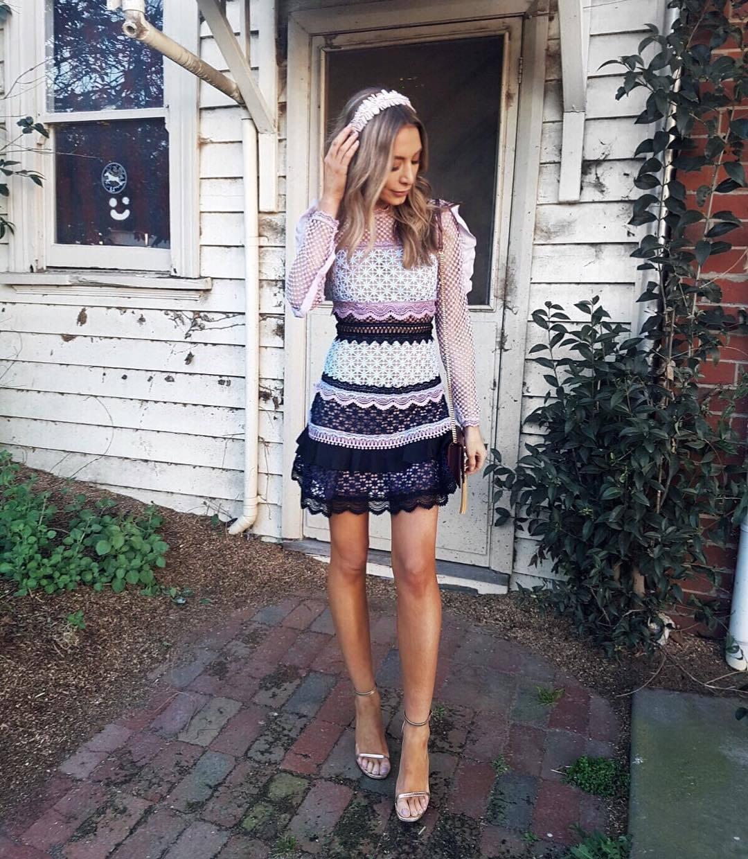 Self Portrait  Bellis Lace Trim Dress Black/Pink Size 6 for rent on The Volte - main image