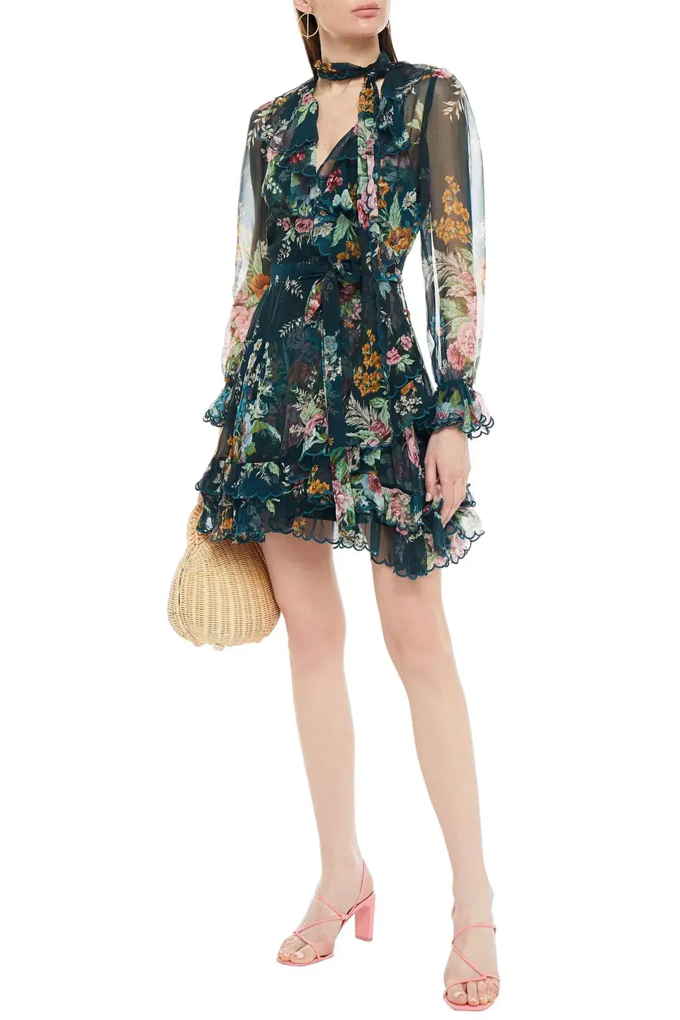 Zimmermann Wavelength Scallop Ruffled Mini Wrap Dress Teal Daphne Floral Size 8 - Image 2