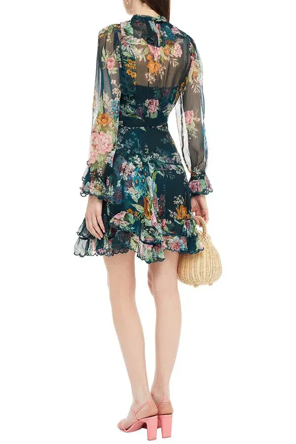 Zimmermann Wavelength Scallop Ruffled Mini Wrap Dress Teal Daphne Floral Size 8 - Image 3