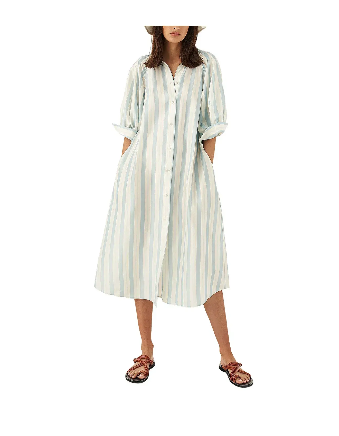 Oroton Silk Stripe Midi Dress with Matching Silk Belt Print Size 8 - Image 1