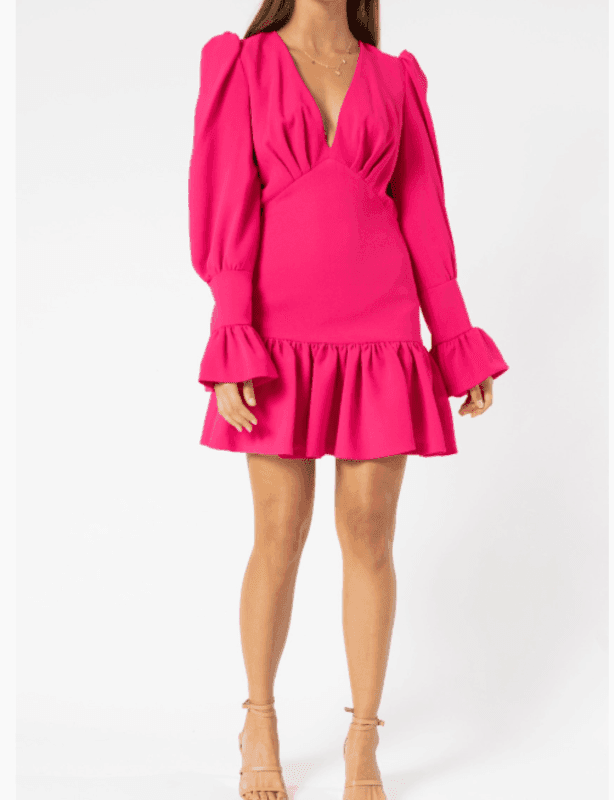 By Johnny Anna V Tulip Sleeve Dress in Punch Me Pink Size: 8 for rent on The Volte - main image