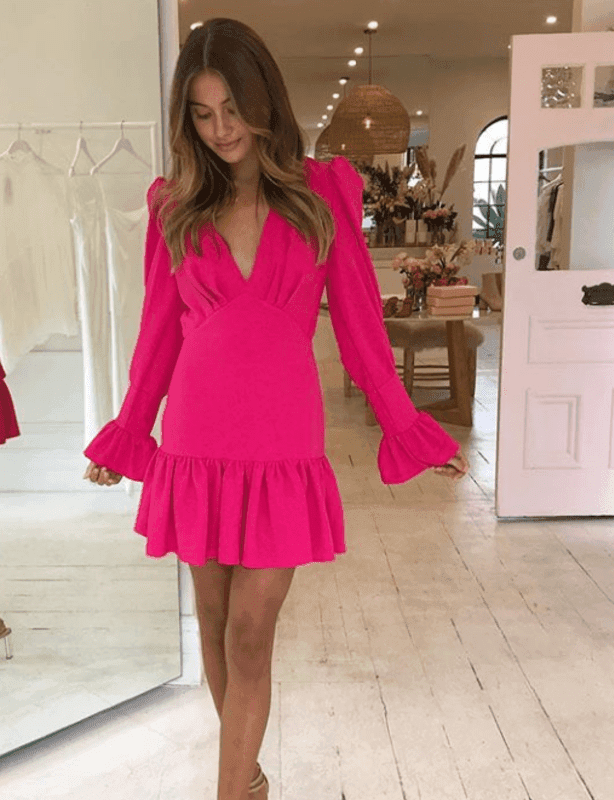 By Johnny Anna V Tulip Sleeve Dress in Punch Me Pink Size: 8 - Image 1