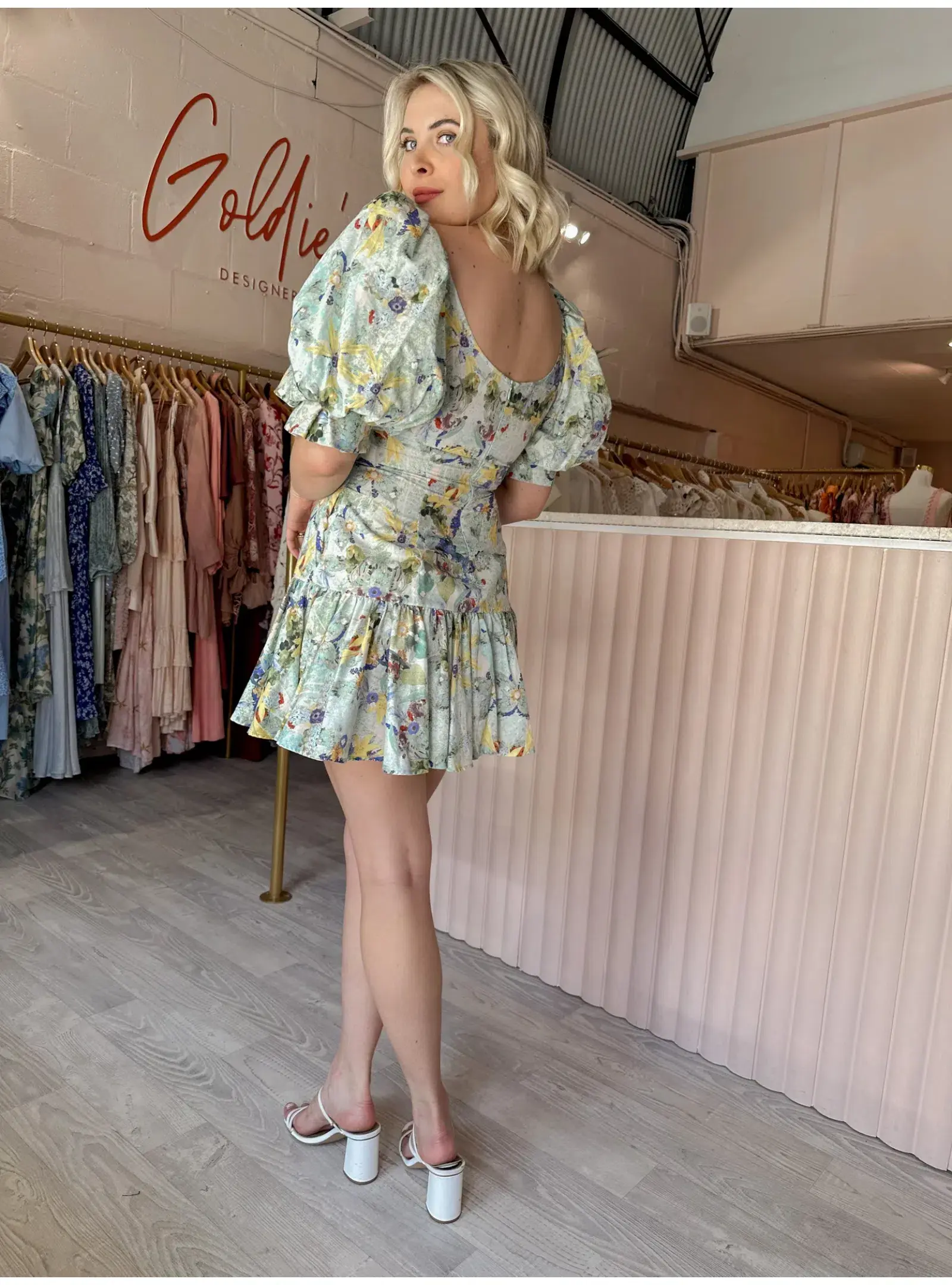 Leo and Lin Verde Puff Sleeve Mini Dress Floral Size AU 12 - Image 3