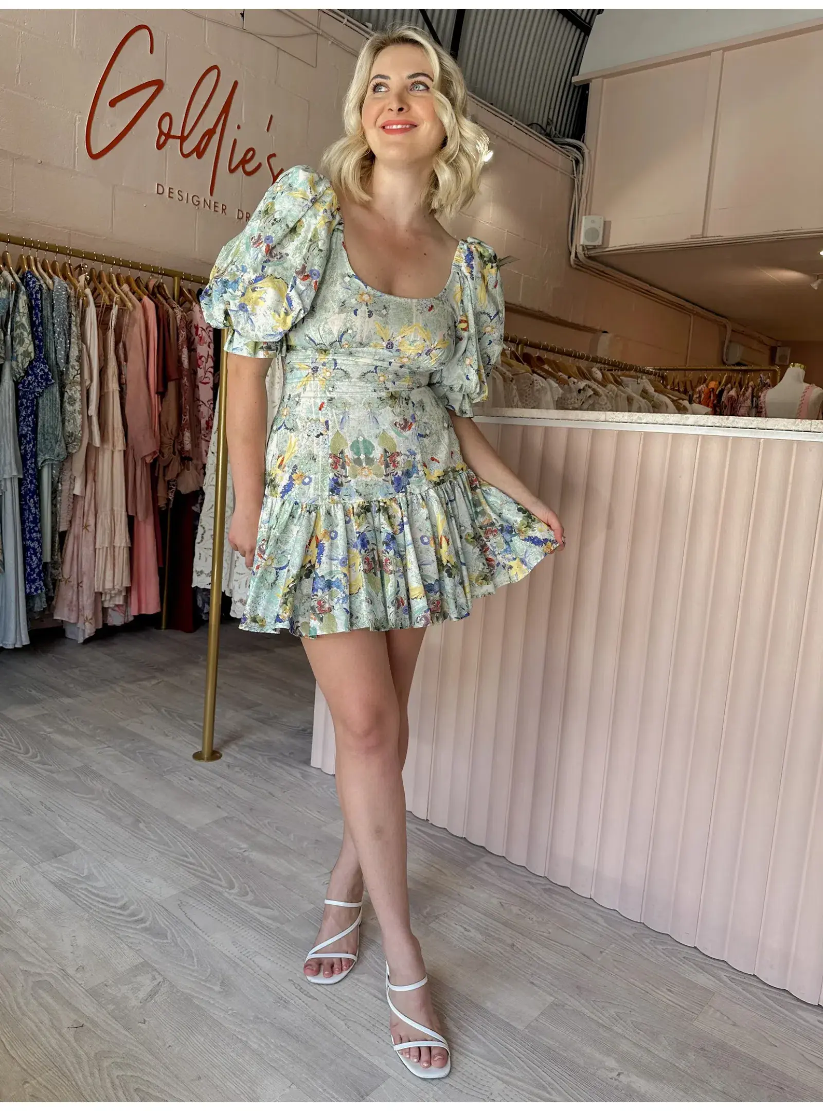 Leo and Lin Verde Puff Sleeve Mini Dress Floral Size AU 12 - Image 1