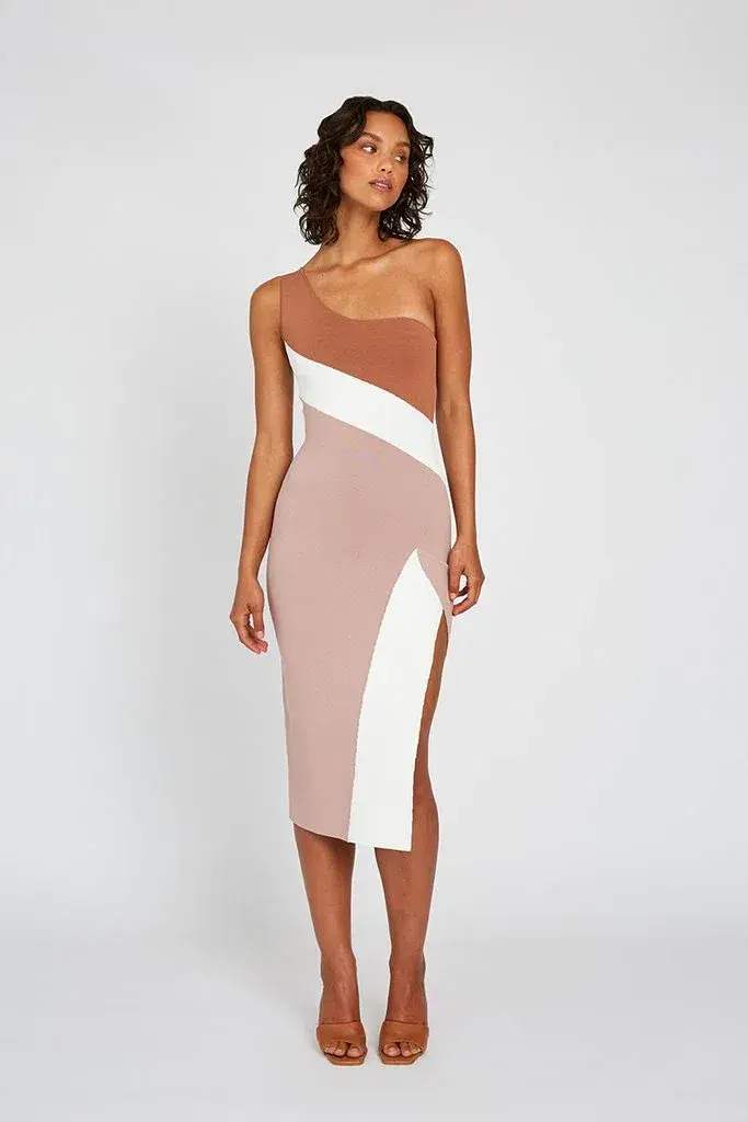By Johnny Taupe Tone Knit Midi Dress Brown Size 6 - Image 1