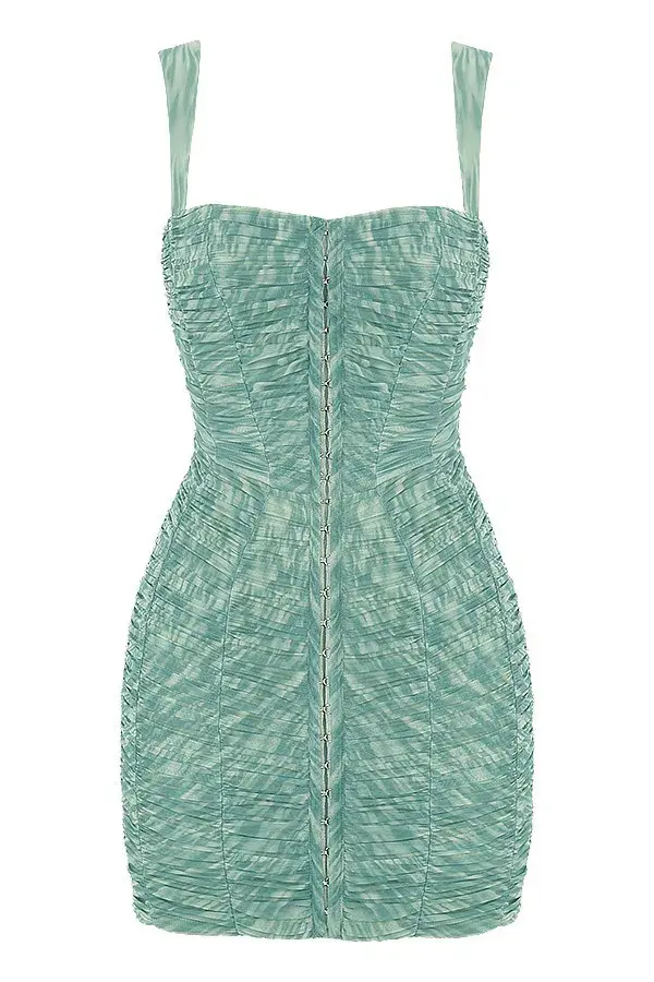 House of CB Cate Ivy Print Ruched Mesh Mini Dress Green Size M / Au 10 for rent on The Volte - main image