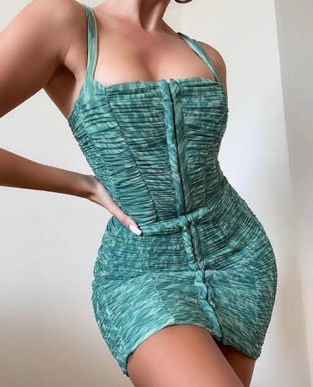 House of CB Cate Ivy Print Ruched Mesh Mini Dress Green Size M / Au 10 for rent on The Volte - main image