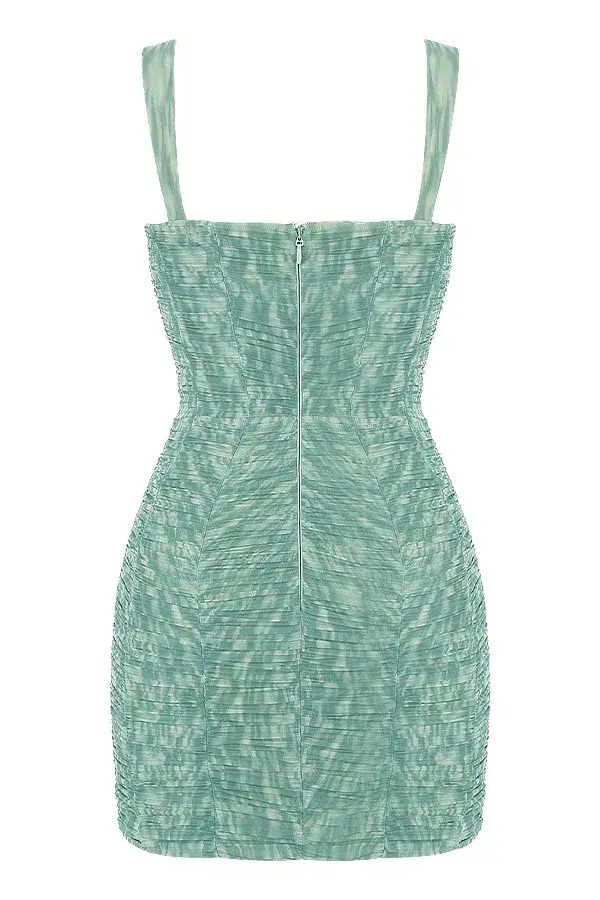 House of CB Cate Ivy Print Ruched Mesh Mini Dress Green Size M / Au 10 for rent on The Volte - main image