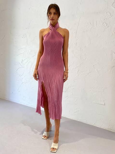 L'idee Soirée Pleated Halter Gown Pink Size 6 for rent on The Volte - main image