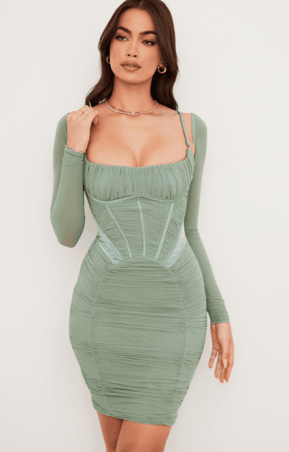 House of CB Freyja Gathered Corset Dress Green Size 8 - Image 4
