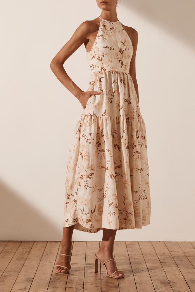 Shona Joy Roxanne Linen Open Back Tiered Dress Print Size 10 for rent on The Volte - main image
