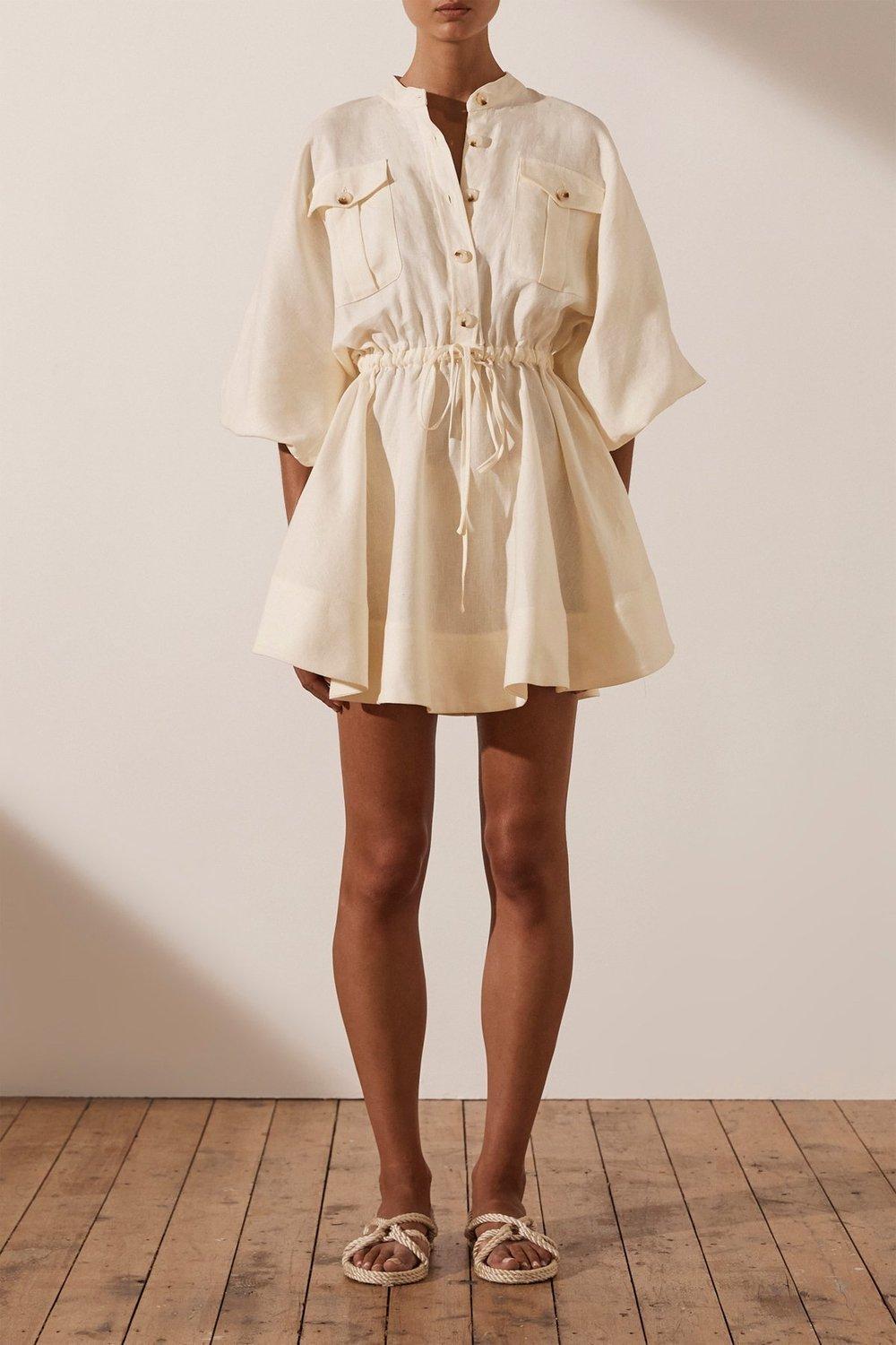 Shona Joy Brodie Linen Balloon Sleeve Dress White Size 8 - Image 1
